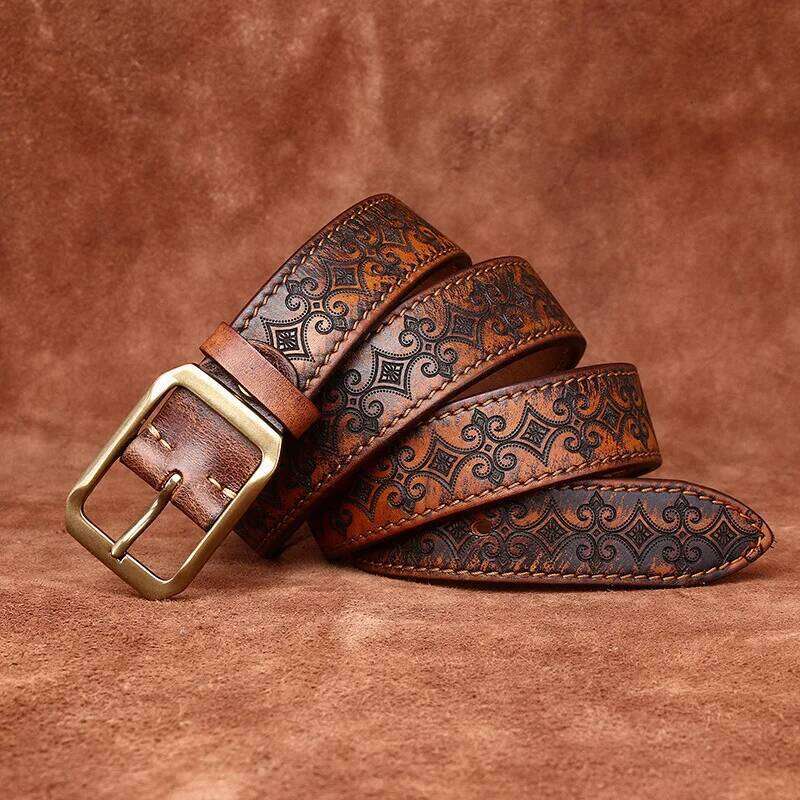 3.8CM Thickened Italian Pure Cowhide High Quality Genuine Leather Belts for Men Carving Strap Male Brass Buckle Jeans Cowboy S260228
