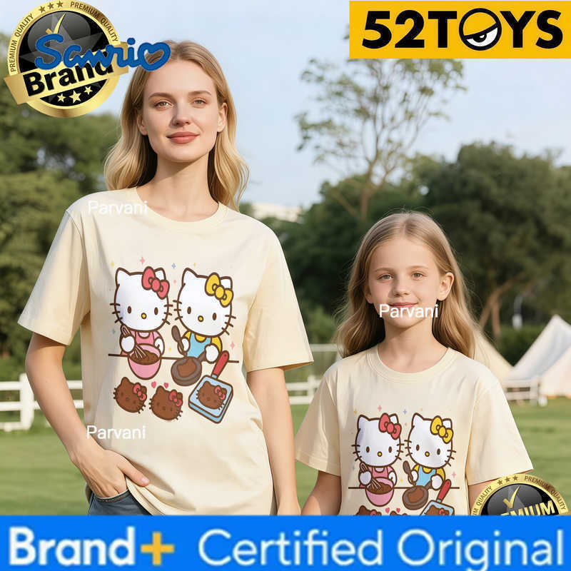 Sanrio 2026 Autumn-Winter Trending Hello Kitty Baking Print 100 Cotton Parent-Child T-Shirts High Quality Loose Casual Breathable H260302