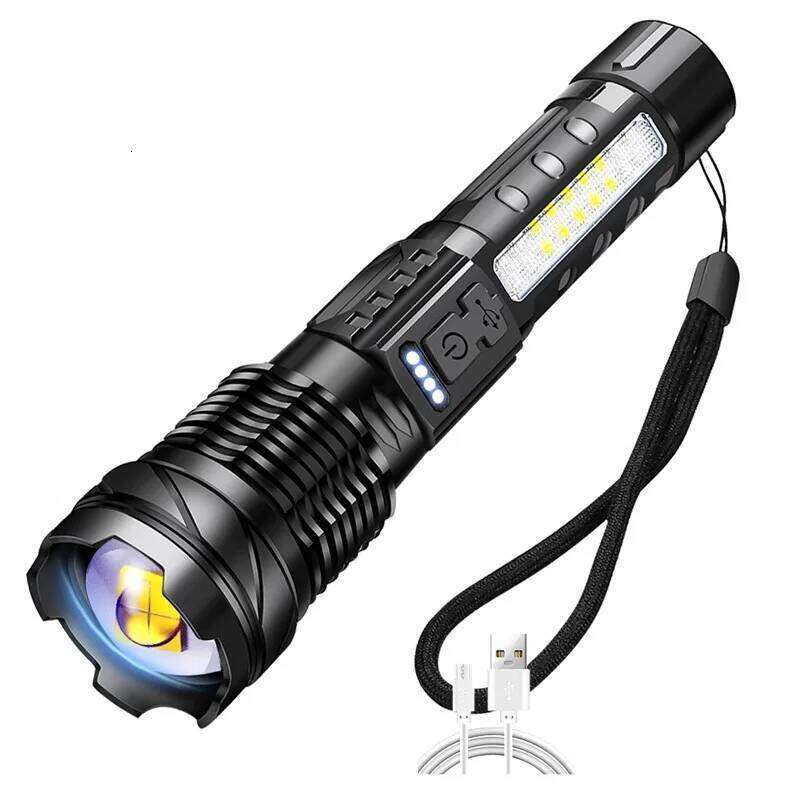 XHP50 20000LM Tactical Flashlight - Zoomable, USB Rechargeable, COB Side Light, Aluminum Alloy, Waterproof, Strike Bezel Z260301