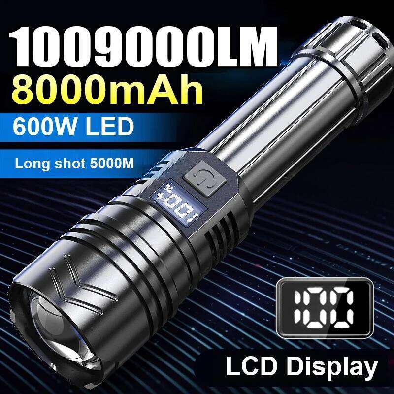 1009000LM High Power Rechargeable Led Flashlight 8000mAh Tactical Torch With Display Lights Camping Fishing Emergency Zoom Lamps Z260301