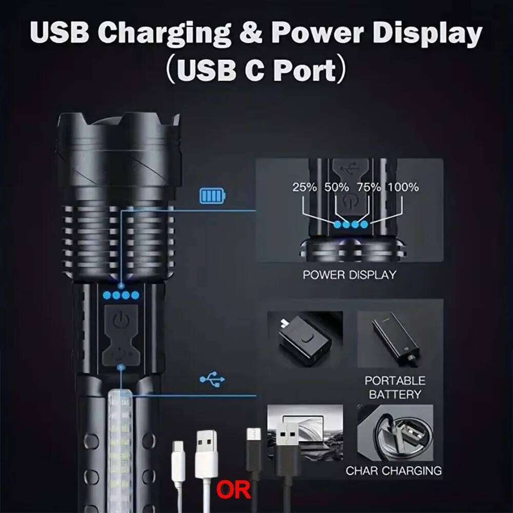 XHP50 High Power LED Flashlight Tactical COB Side Light Zoomable Torch Aluminum Alloy USB Rechargeable Waterproof self-defense Z260301