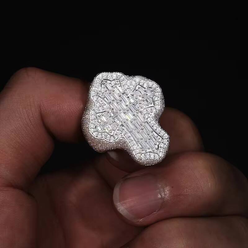 Iced Out Baguette VVS1 Moissanite Diamond Cross Rings S925 Silver for Men Hip Hop Jewelry
