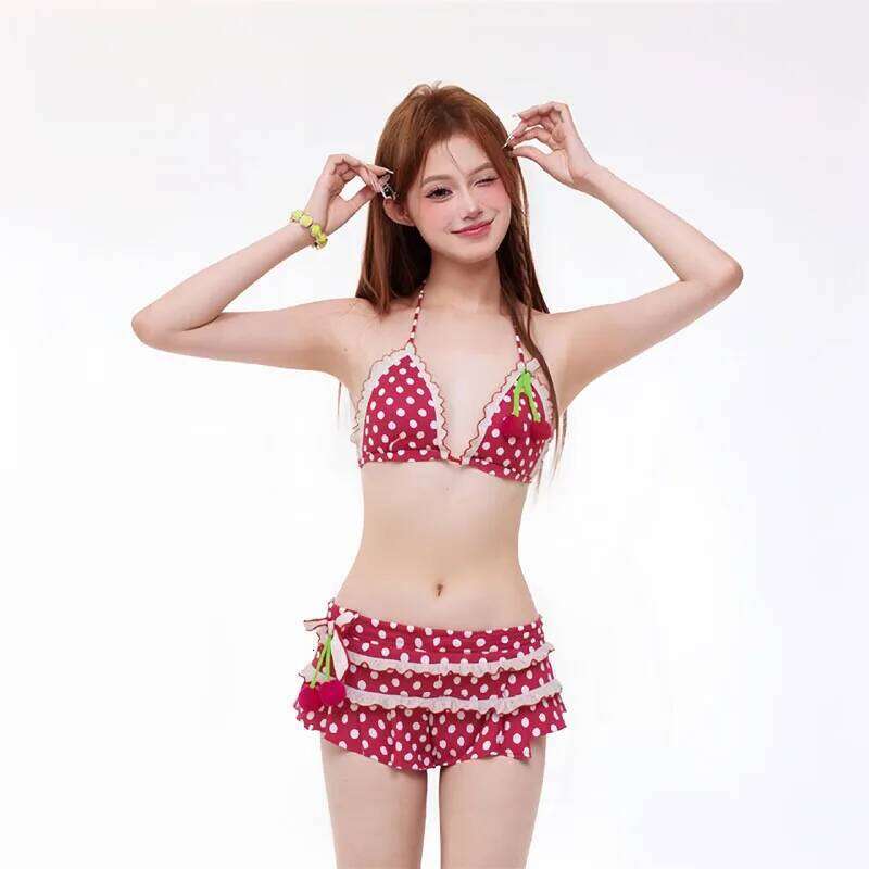 Lolita Cute Dots Ruffles Patchwork Holiday Beach 2 Piece Set Women Lace Up Halter Bra Tops + Shorts Summer Bathing Suit Swimwear Z260301