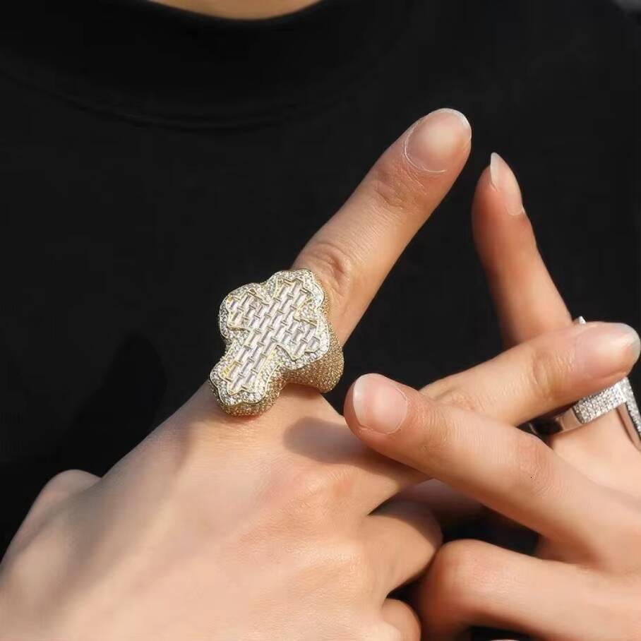 Full Ice Out Moissanite Ring 925 Sterling Silver Gold Plated Baguette Moissanite Cross Ring Hip Hop Men Women Cuban Ring
