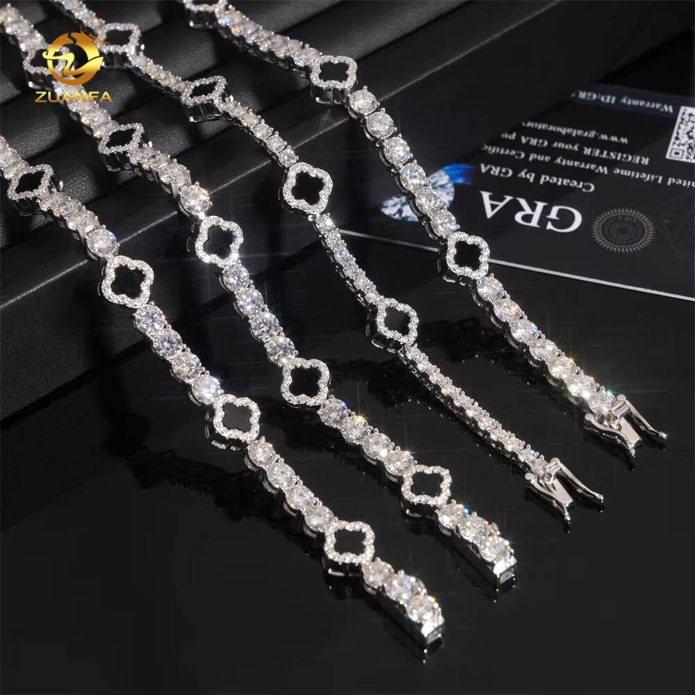 Iced Out 3mm 5mm 925 Silver Moissanite Diamond Tennis Necklace with Flower Design Fashion Tennis Jewelry for Men Women