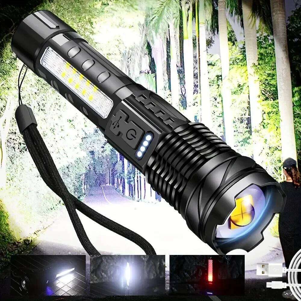 1pc Super Powerful Rechargeable Torch Flood With Side Light For Outdoor Camping, Fishing, Hunting, Climbing, Adventure Eme Z260301