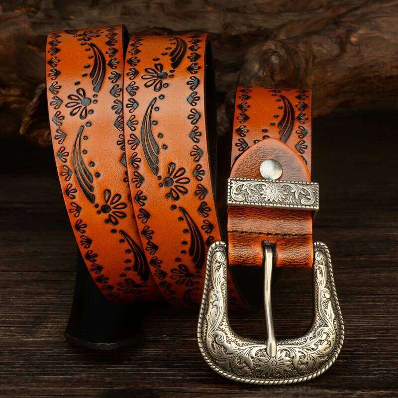 3.8CM Vintage Pin Buckle with Flower Grass Pattern Genuine Leather Belt for Men Work of Art Strap High Quality S260228
