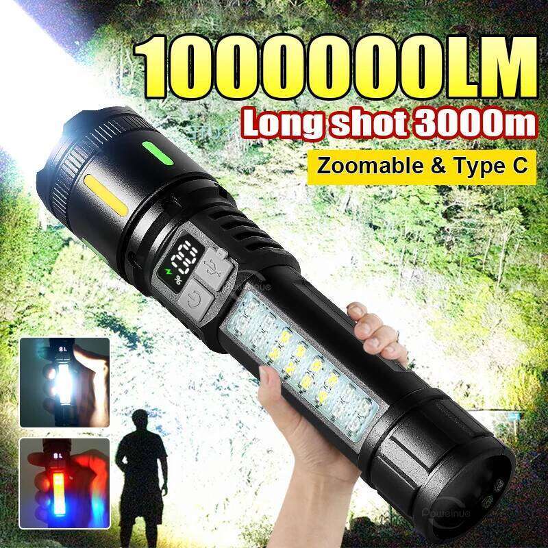 1000000LM LED Flashlight Rechargeable Zoom Tactical Torch 3000M Long Range Powerful Flash Light Fishing Camping Lantern Z260301