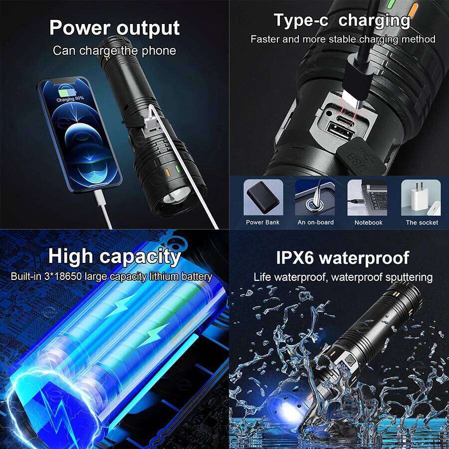 900000000LM 1000W Powerful LED Flashlight Built-in Battery USB Rechargeable Strong Light Tactical Torch Camping Hiking Lantern Z260301