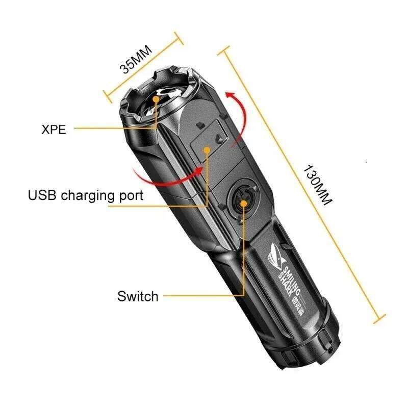 Power LED Flashlight USB Rechargeable Torch Portable Zoomable Camping Light 3 Lighting Modes Use High Strength ABS Material Z260301