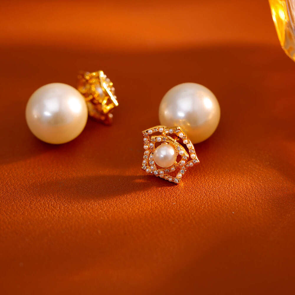 Camellia Double-wear Pearl Zirconia Stud Earrings For Women Fashionable And Elegant High-end Earrings Trendy Ear Accessories