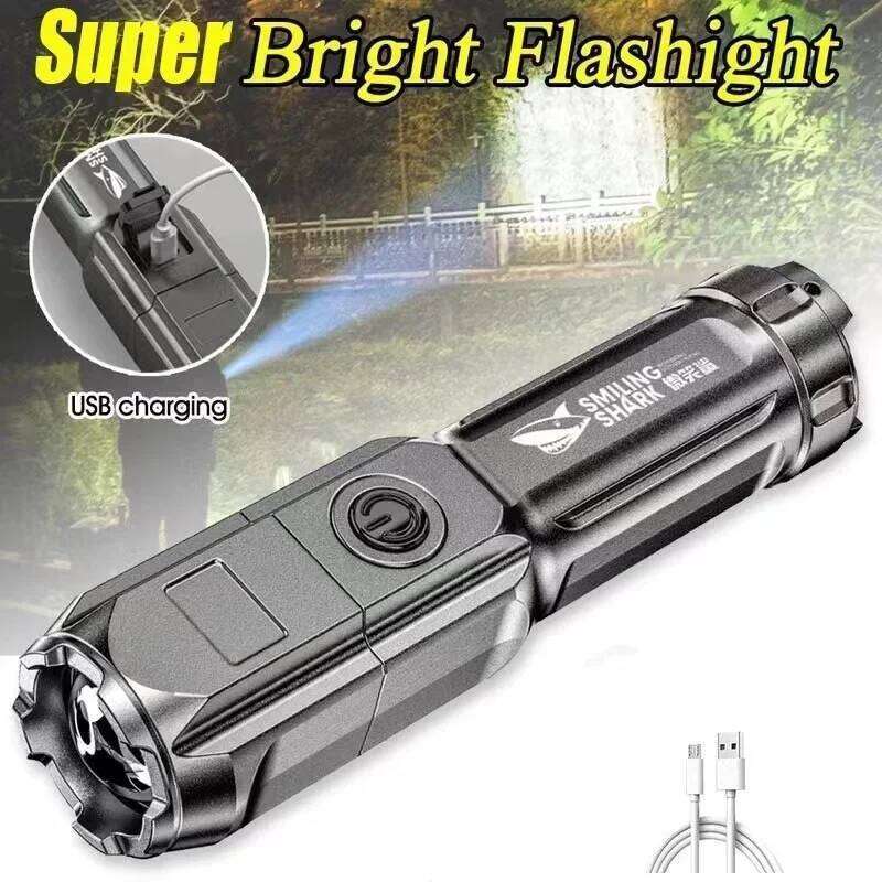 Power LED Flashlight USB Rechargeable Torch Portable Zoomable Camping Light 3 Lighting Modes Use High Strength ABS Material Z260301