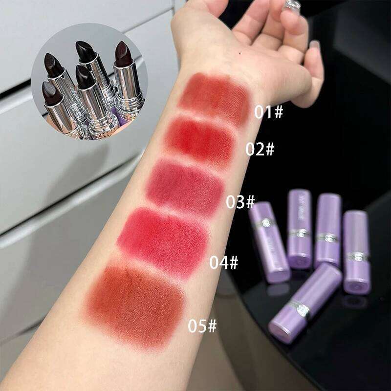 5 Colors Purple Bar Tube Black Easy Coloring Matte Velvet Long-lasting Red Lipstick Christmas Gift 5PCS H260302