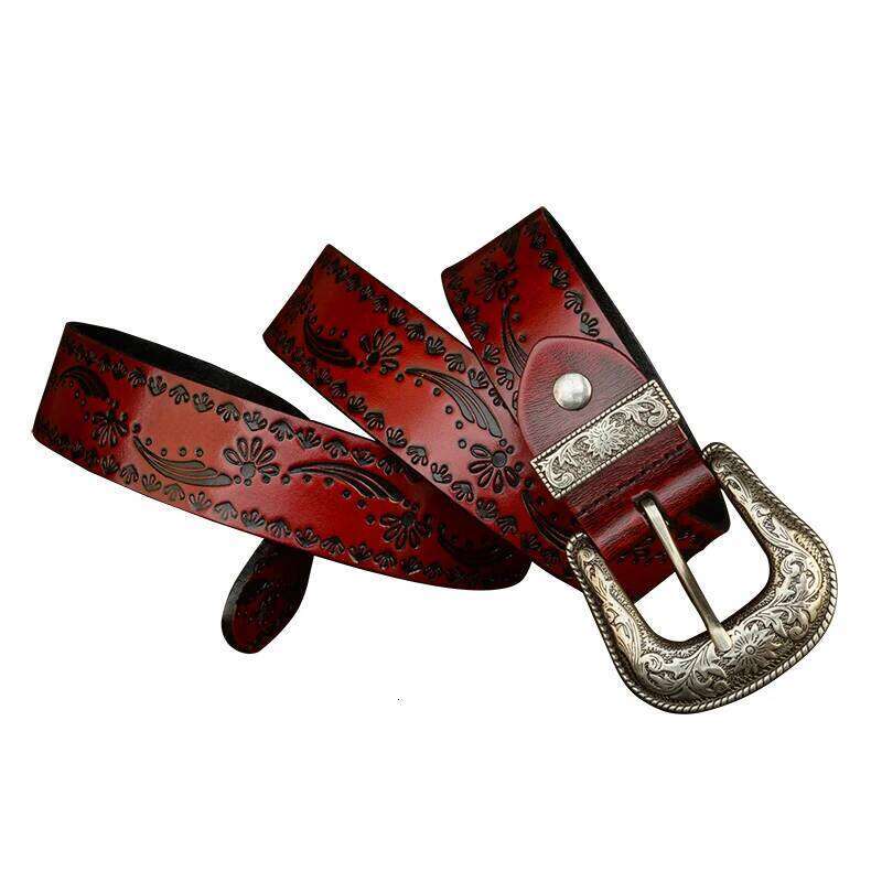 3.8CM Vintage Pin Buckle with Flower Grass Pattern Genuine Leather Belt for Men Work of Art Strap High Quality S260228