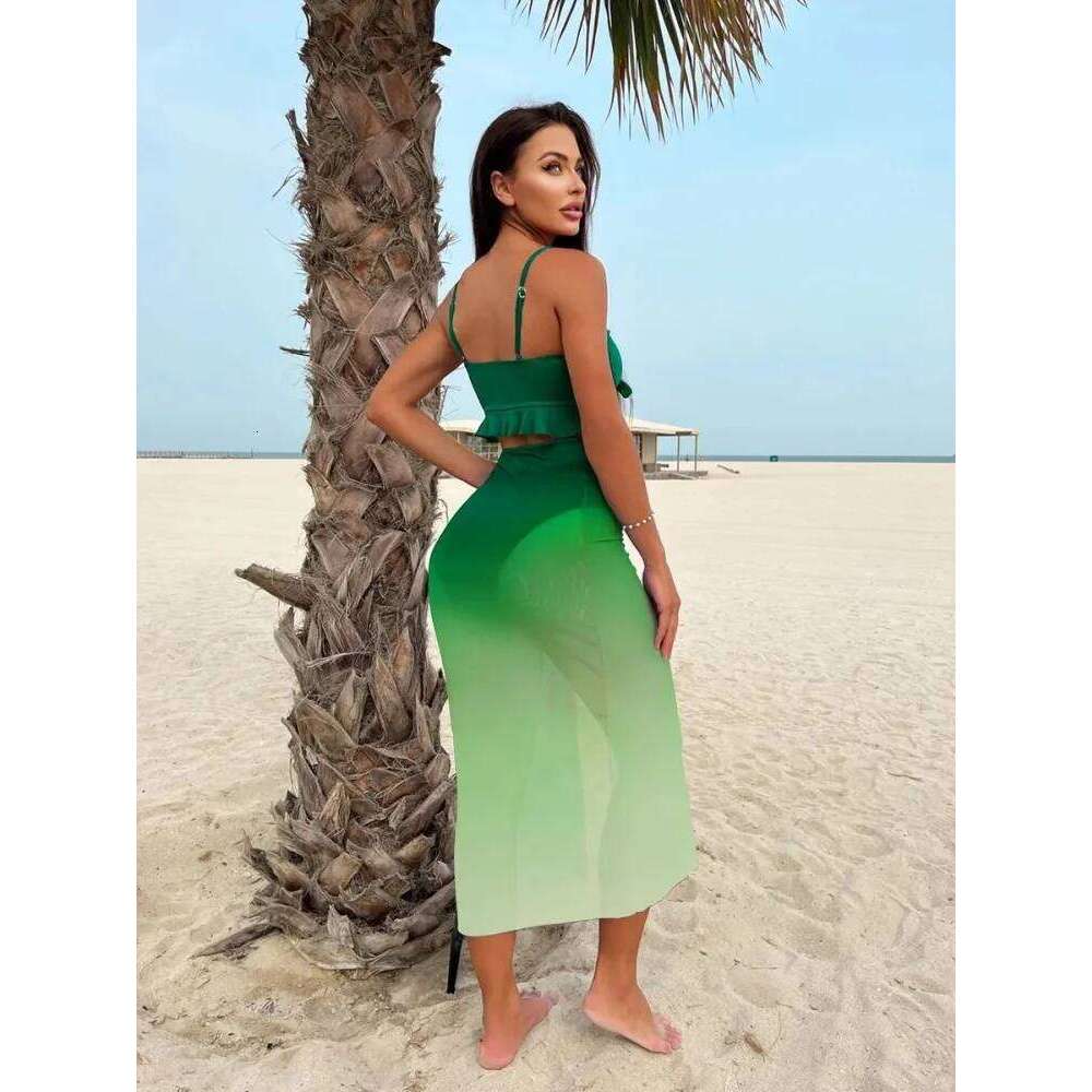 Sexy Blue Dye Gradient Bikini Set 2026 Women Front Tie Ruffles Push Up Skirt 3 Piece Swimsuit Beach Bathing Suit Swimwear Z260301