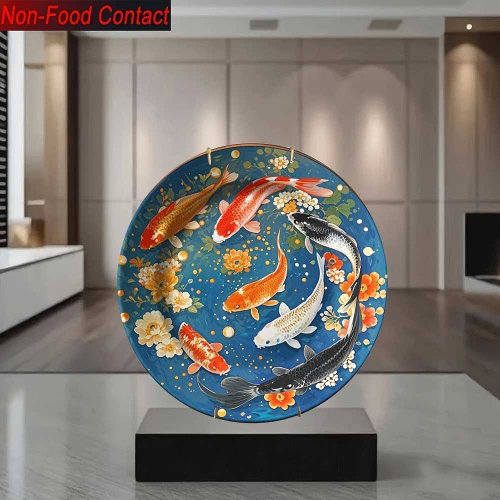 2D Flat Korean-Style Ceramic Koi Fish Decorative Plate Blue Golden Kintsugi-Effect Wall-Mountable TrayT260302