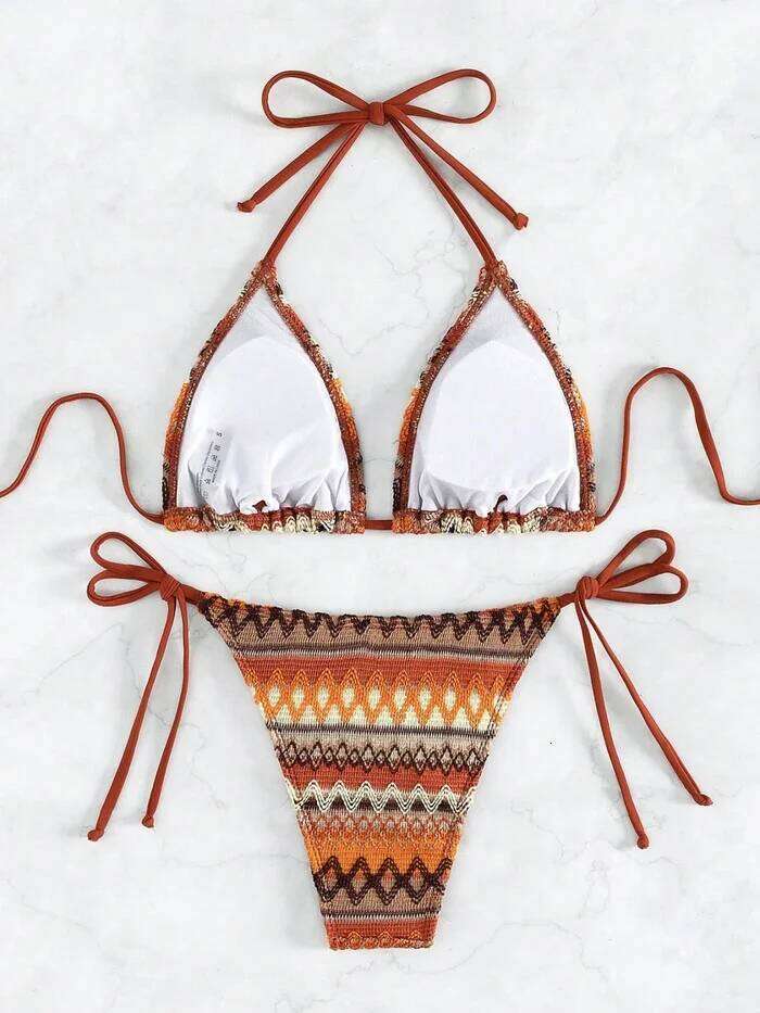 Women's Boho Geo Print Cute Bathing Suit High Waisted Halter Tie Back Swimsuit Triangle Cup Sexy Bikini Set Z260301