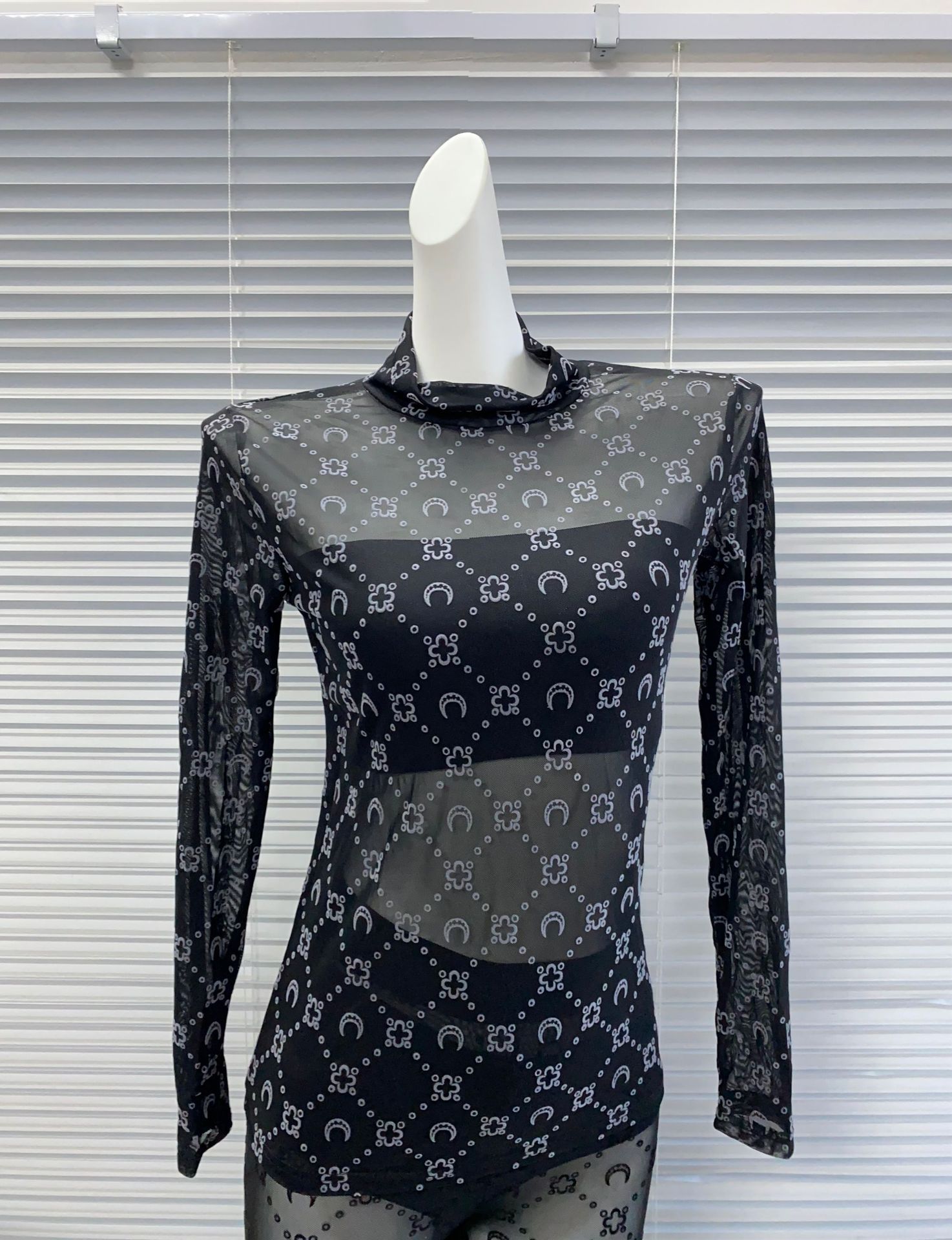 2026 Autumn Winter Turtleneck Mesh, Quilted Pattern, Thumbhole Long Sleeve, Sexy Design, Moon Print Flocked Sheer Top & Bottoms