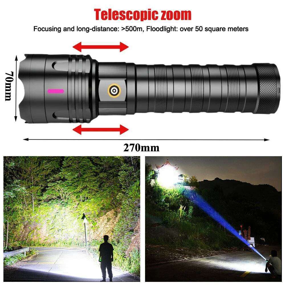 Super Bright Long Range LED Flashlight Type-C Rechargeable with Battery Zoomable Outdoor Fishing Camping Lantern Torch Z260301