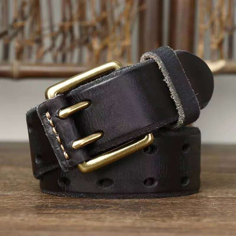 3.8cm Vintage Men's Real Cowhide Genuine Leather Copper Double Needle Buckle Handmade Jeans Belt Fashion Male Strap S260228