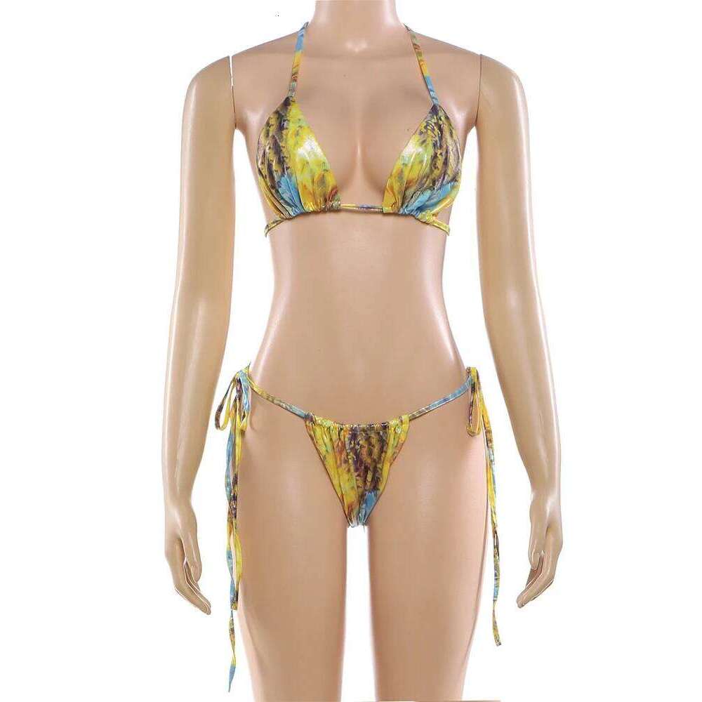 Weird Puss Tie-Dye Swimsuit Women 2Piece Set Y2K Beach Style Vacation Colorful Halter Bikini Bra+Panties Party Matching Clubwear Z260301