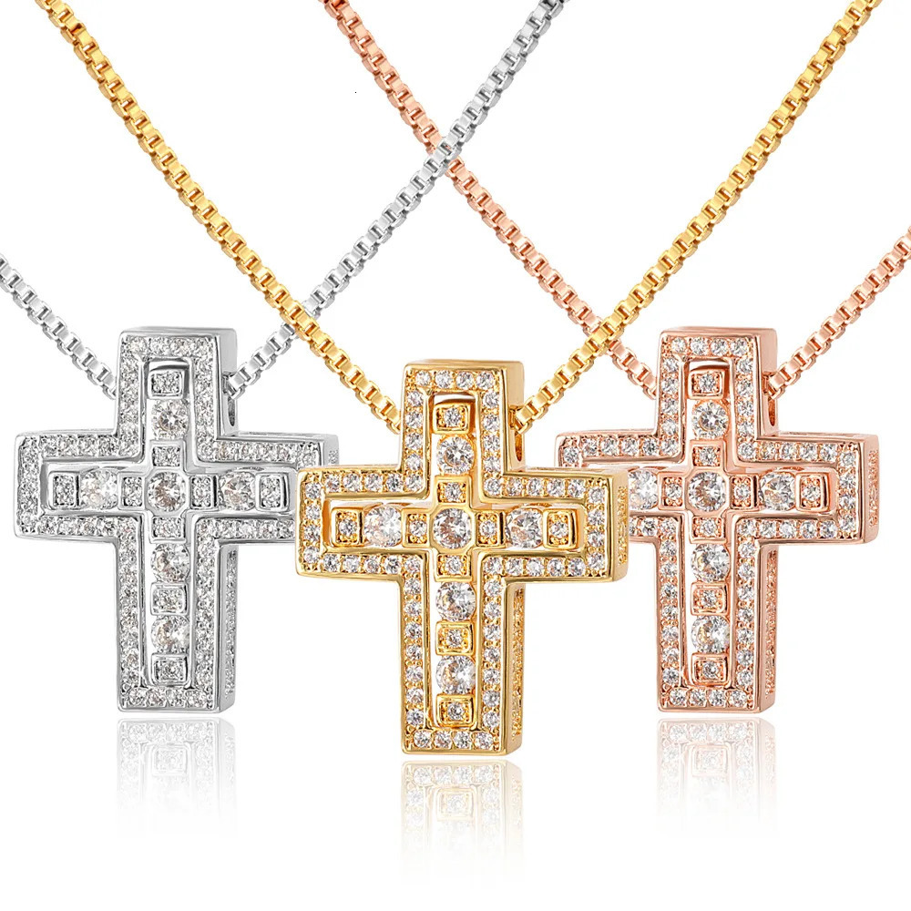 Chic D Letter Stainless Steel Cross Necklace Full Zircon Pendant for Women Couple Jewelry Gold Plated Removable Chain 260228