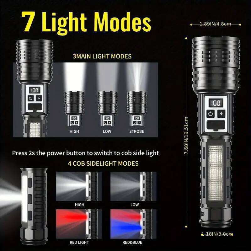 Zoom USB Rechargeable Digital Display Multiple Modes with Side LED Portable Flashlight for Emergency,Outdoor,Car Use Z260301