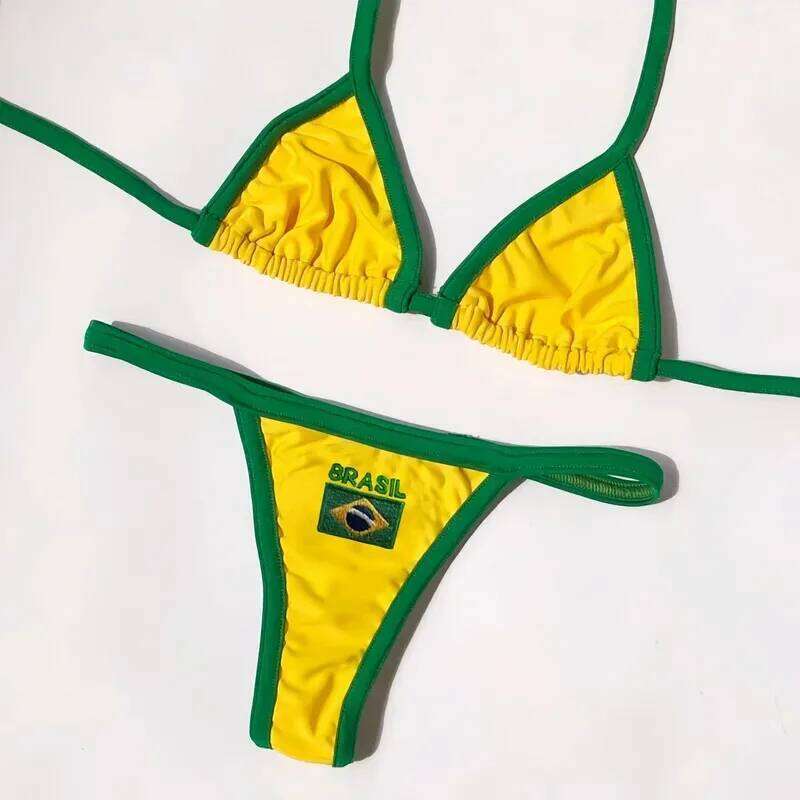 2026 Fashion Embroidery Brasil Flag Contrast Split Bikini Set Women Swimwear Patchwork Swimsuit Hottie Outfit SummerBeachwear Z260301