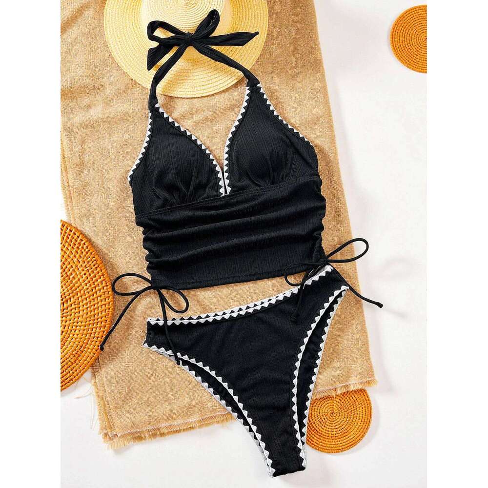 sexy white black patchwork bikinis sets two pieces deep v-neck drawstring vest swimsuits beachwear bathing suit swimwear biquini Z260301