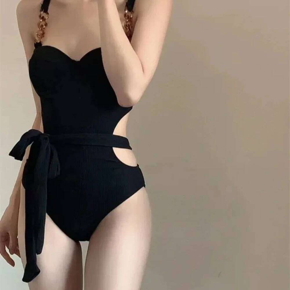 Sexy Korean Fashion Push Up Swimsuit One Piece Black and Beige with Waist Tie Hollow Bodysuits Bikinis Padded Swimwear Z260301