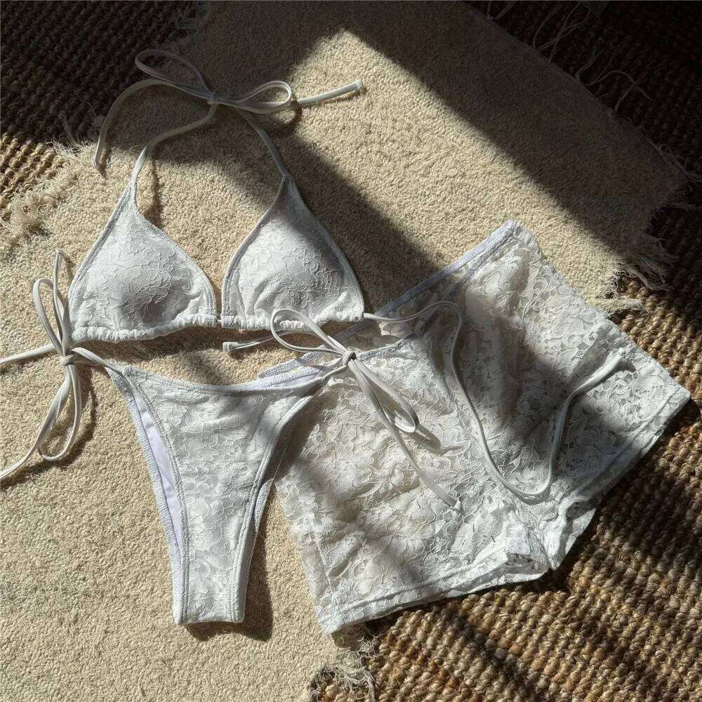Solid White Lace Mesh Short Bikinis Sets 3 Piece Holiday Swimwear Sexy Swimsuit Women 2026 Beach Wear String Halter Bikini Donna Z260301