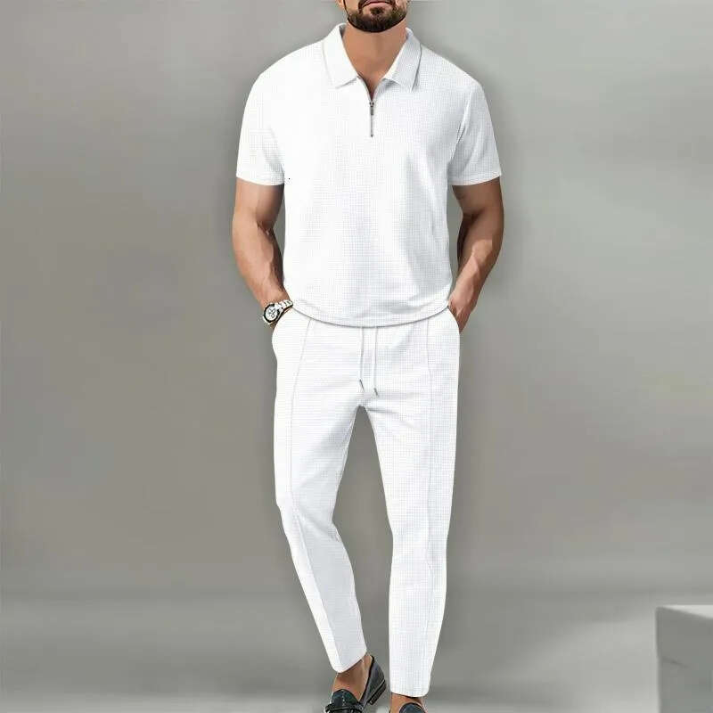 Tracksuits Solid Color Waffle Fabric Lapel Collar Zipper Jacket Short Sleeve Trousers Casual European American Style Men's Clothing - view 8
