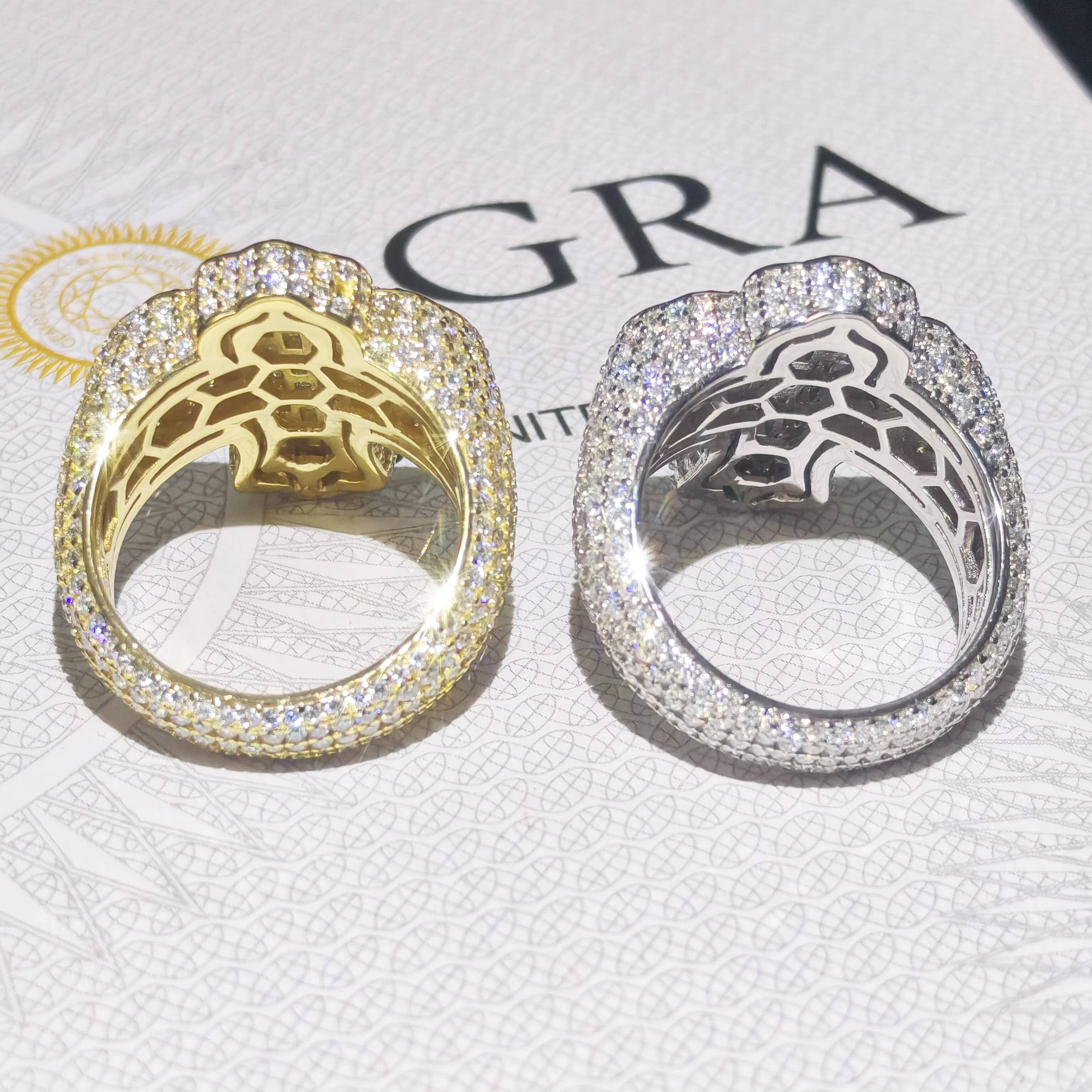 Mens Hiphop Cluster Ring 925 Silver D VVS Moissanite with 14K Gold Plating