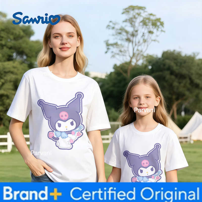 Sanrio 2026 Summer Kuromi Retro High-Quality 100 Cotton Mens T-shirt Oversized Cute Gradient Print Top Unisex Family Matching Y2k H260302