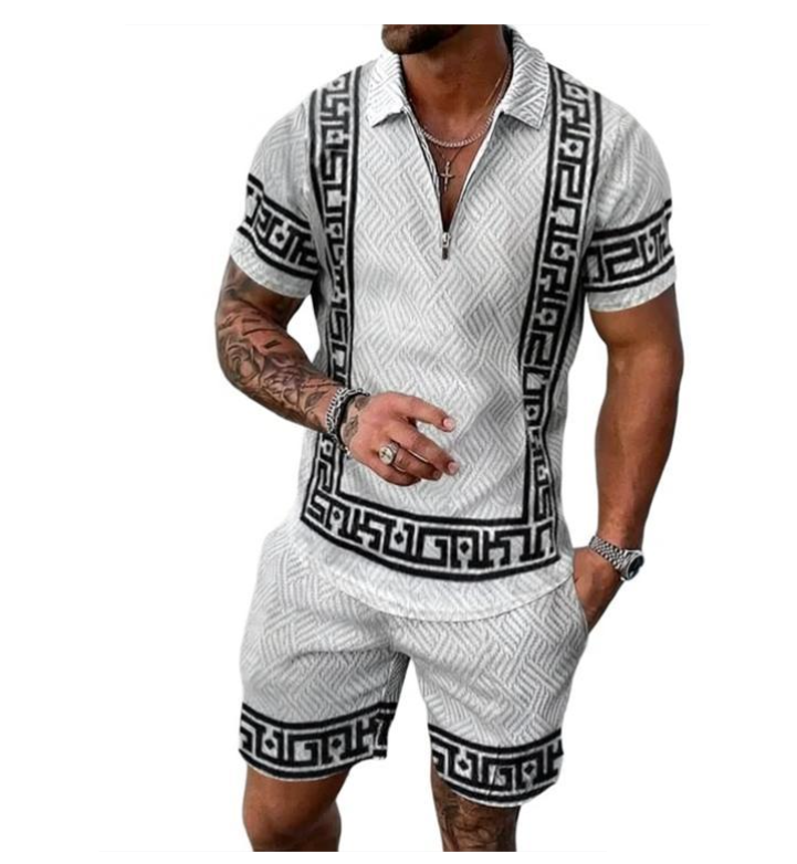Mens Zipper Collar Polo Shirt And Shorts 2 Piece Set Hawaii Fashion Bohemian Geometric Style 3D Printed Summer Casual Suit 260227