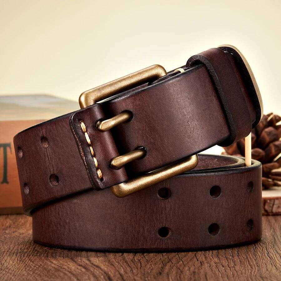 3.8cm Wide Retro Vintage Men's Cowhide Genuine Leather Copper Double Needle Buckle Handmade Cowboy Jeans Belt S260228