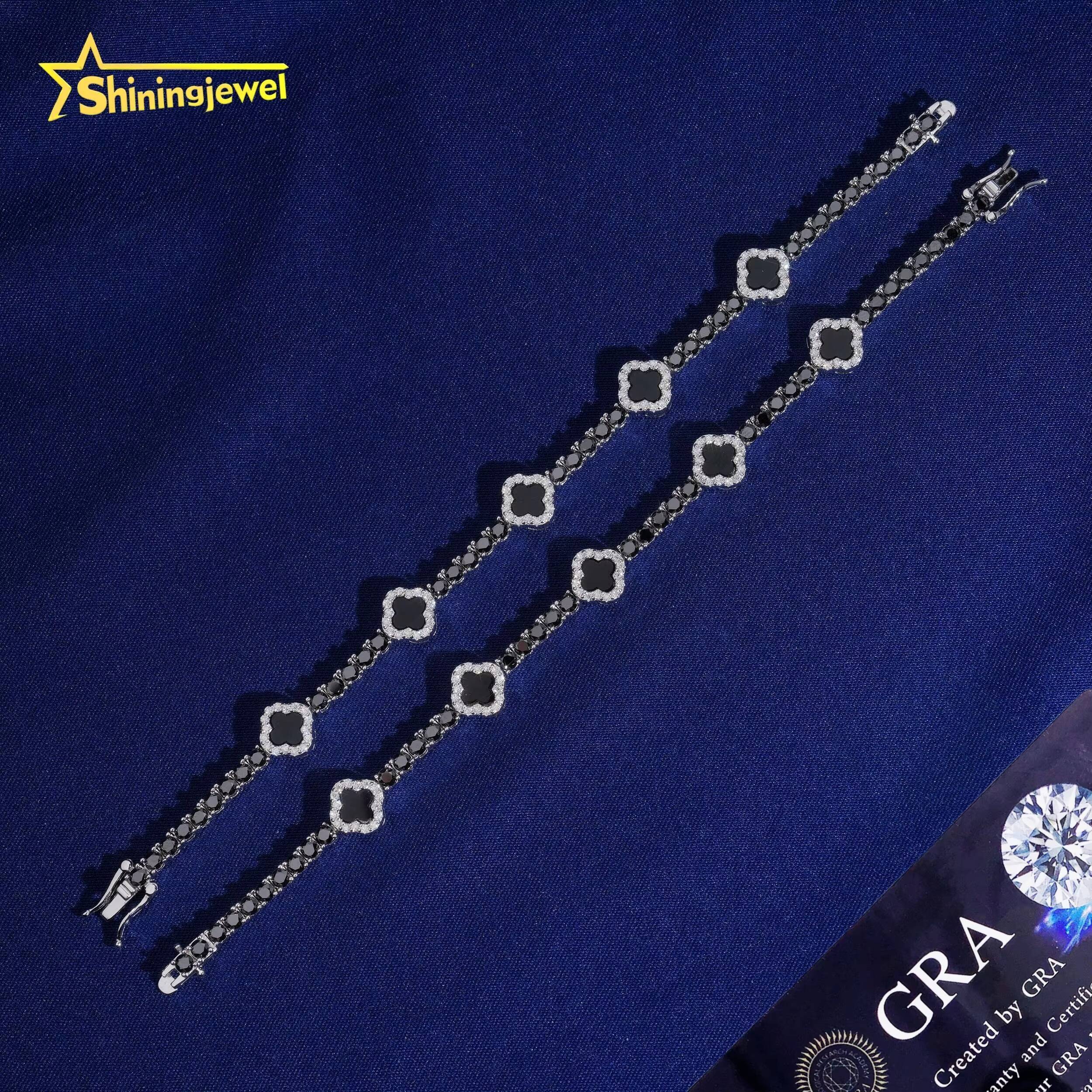 USA Warehouse Fast Delivery Clover Agate Black Moissanite Tennis Bracelet No Import Fee 3mm 925 Tennis Chain Moissanite