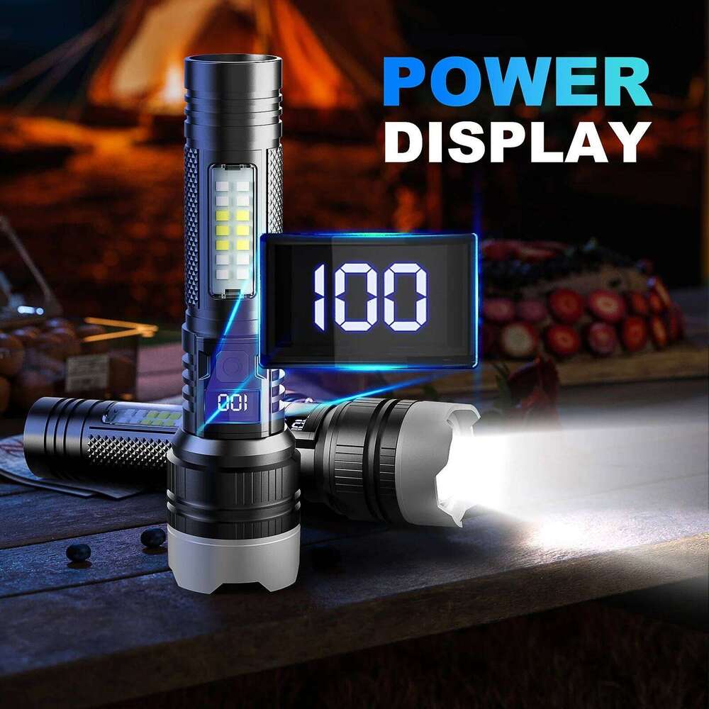 Super Bright LED Flashlight 5 Lighting Modes USB Rechargeable Flashlights Telescopic Zoom Torch with Red/Blue COB Side Lights Z260301