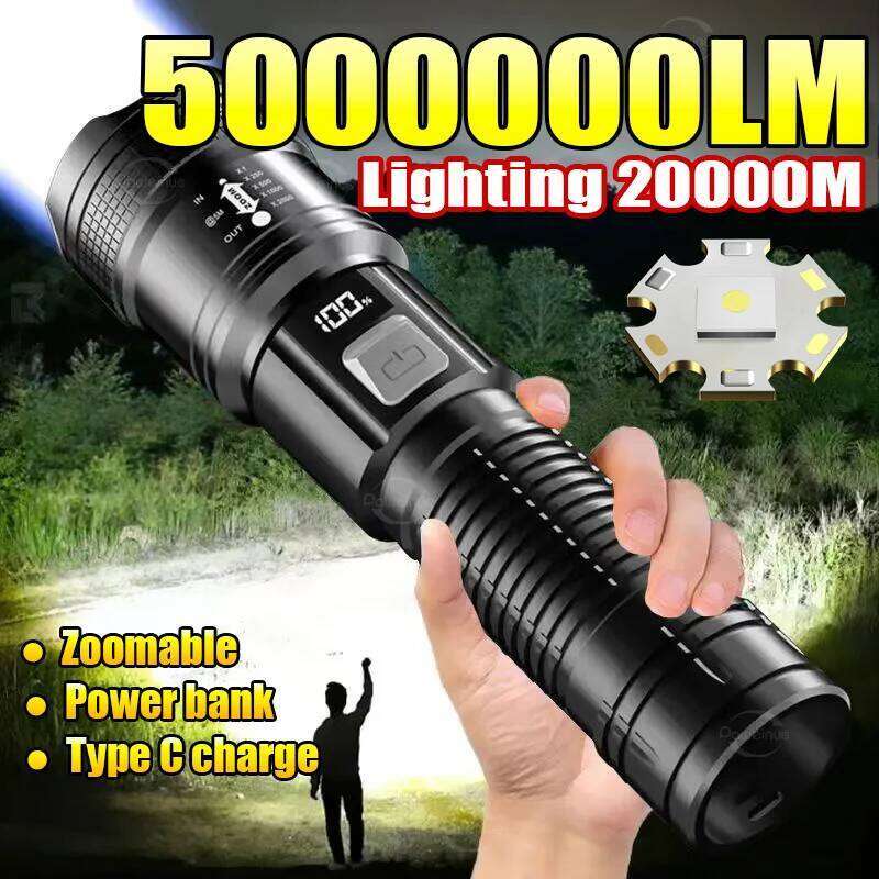 5000000LM Super Bright LED Flashlight High Powerful Lighting 2km Torch Outdoor Waterproof Light USB Rechargeable Camping Lantern Z260301