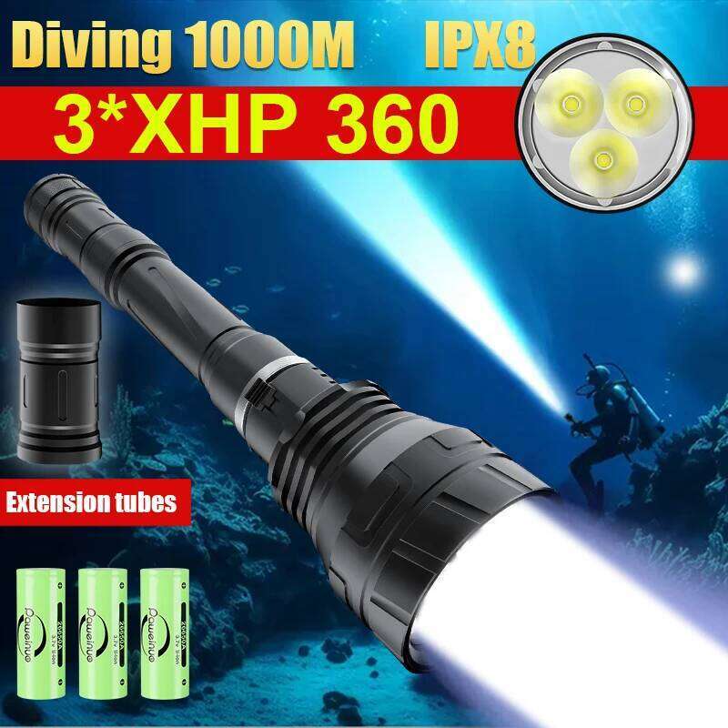 New 3*XHP 360 LED Flashlight 1000M Professional Diving Torch Underwater Lighting Super Bright Scuba Flashlights Z260301
