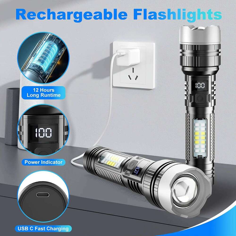 Super Bright LED Flashlight 5 Lighting Modes USB Rechargeable Flashlights Telescopic Zoom Torch with Red/Blue COB Side Lights Z260301