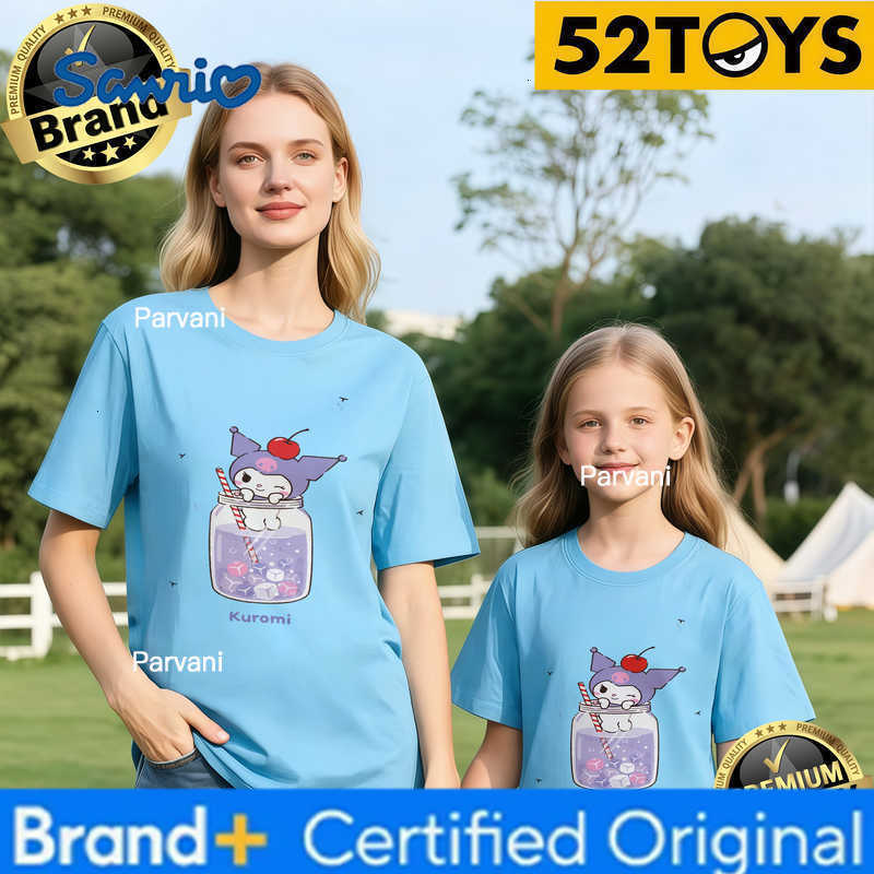 Sanrio 2026 Summer Family Must-Have 52TOYS Kuromi Drink Jar Print T-Shirts 100 Cotton High Quality Parent-Child Tees Single Piece Y2k H260302