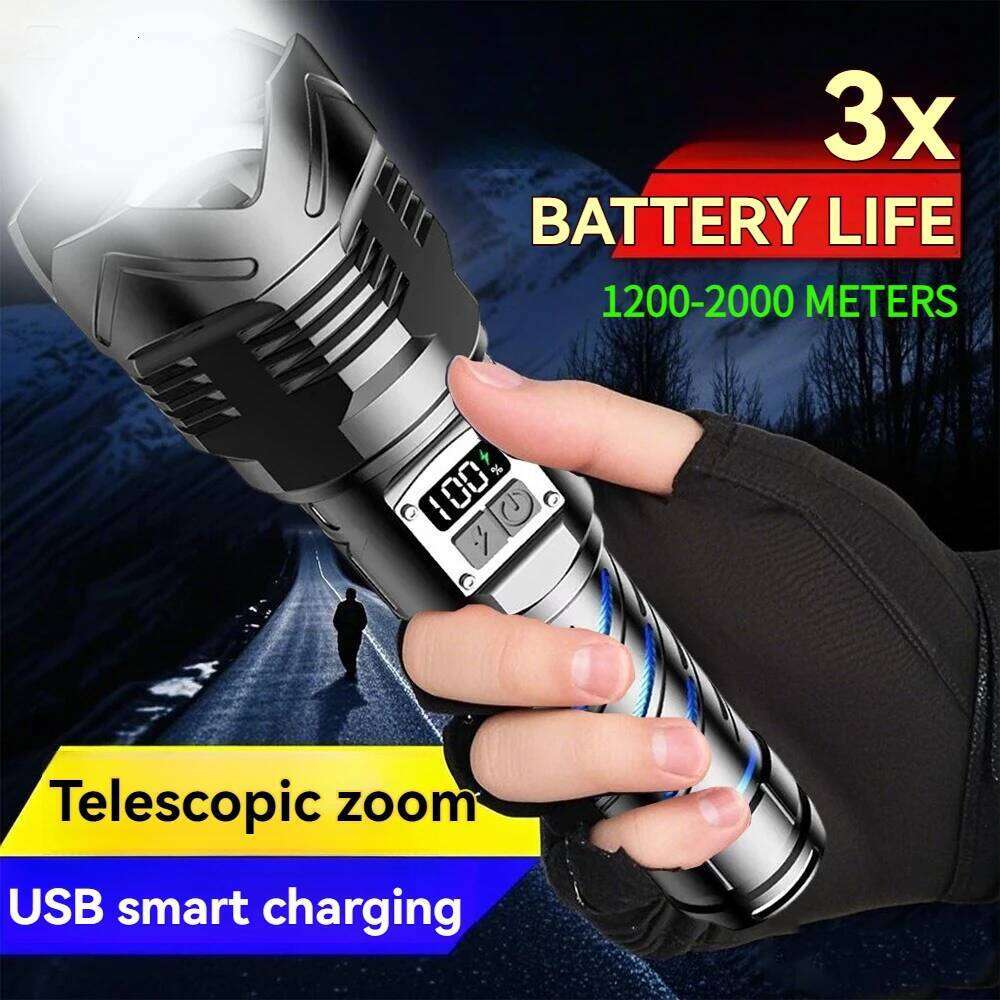 Long Range Zoom Lantern High Power LED Flashlight Strong Light Tactical Torch Rechargeable Outdoor Camping Lamp 100000LM 2025 Z260301