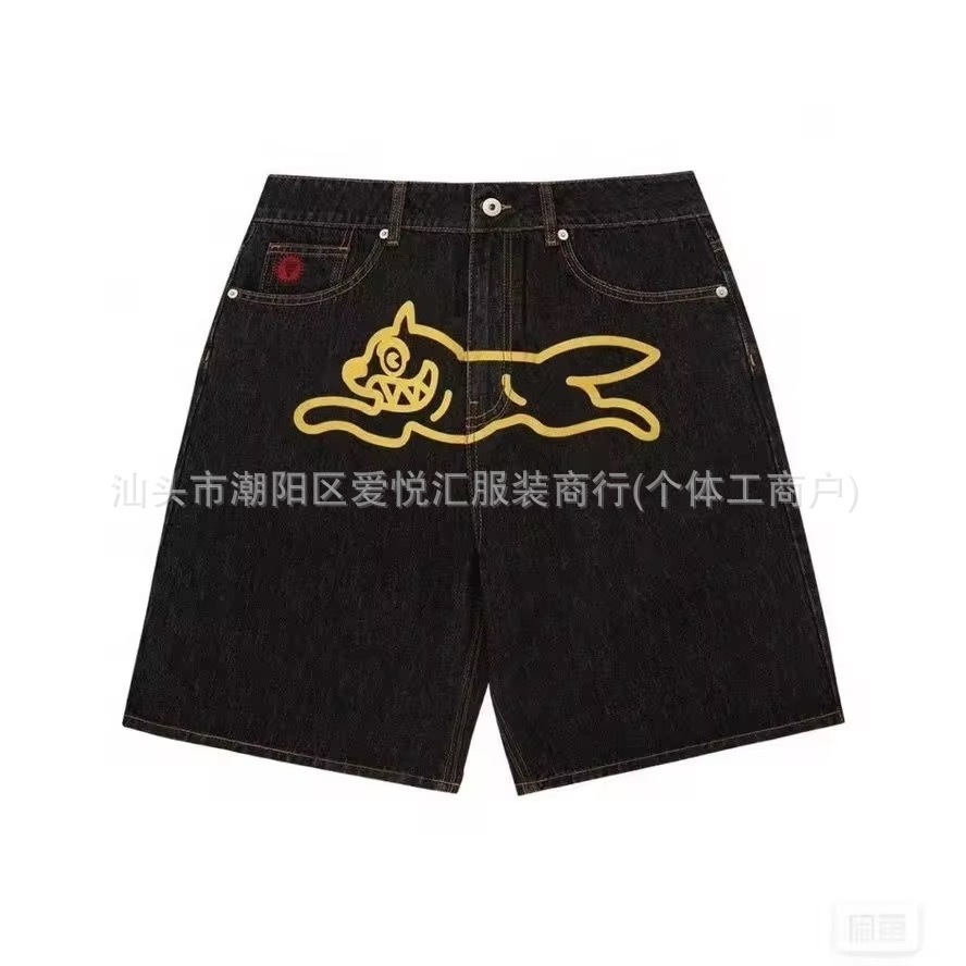 Summer Y2k Streetwear Mens Denim Shorts Hip Pop Dog Printed Male Knee Length Jeans Wide Leg Baggy Shorts Pants 250303