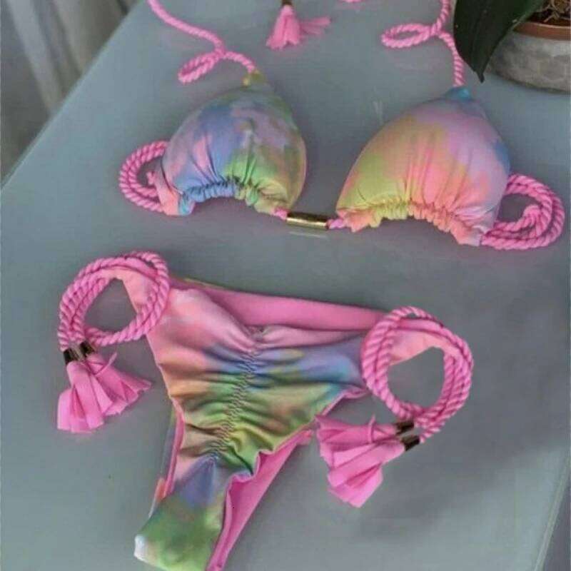 Sexy Leopard Print Bandage Triangle Push Up Tie Bikini Set Summer Beach Outfit Thong Swimsuit Z260301