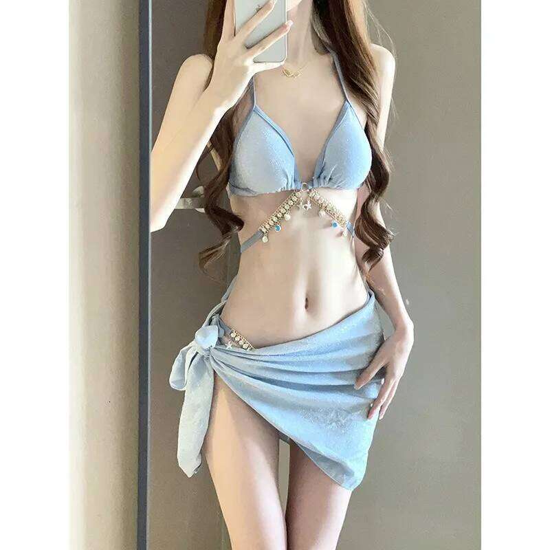 2025 Mermaid Scale Bikini Set | Rhinestone Halter Triangle Swimsuit with Tie-Sides, Instagram Sexy Vacation Beachwear Z260301