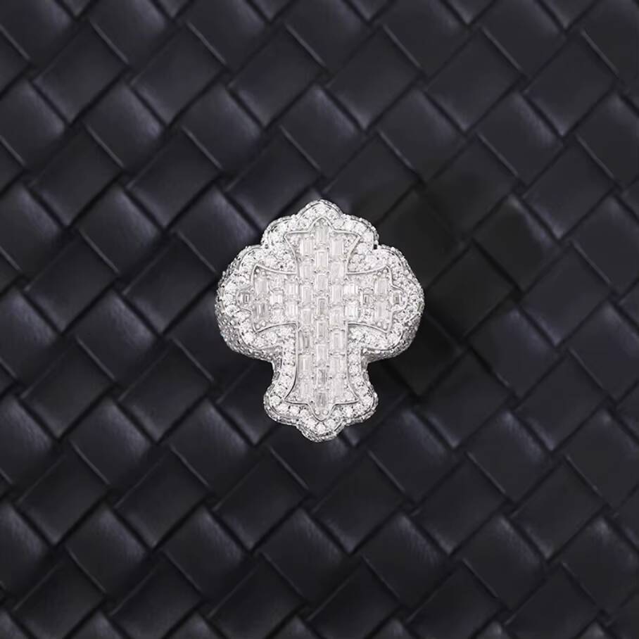 Full Ice Out Moissanite Ring 925 Sterling Silver Gold Plated Baguette Moissanite Cross Ring Hip Hop Men Women Cuban Ring
