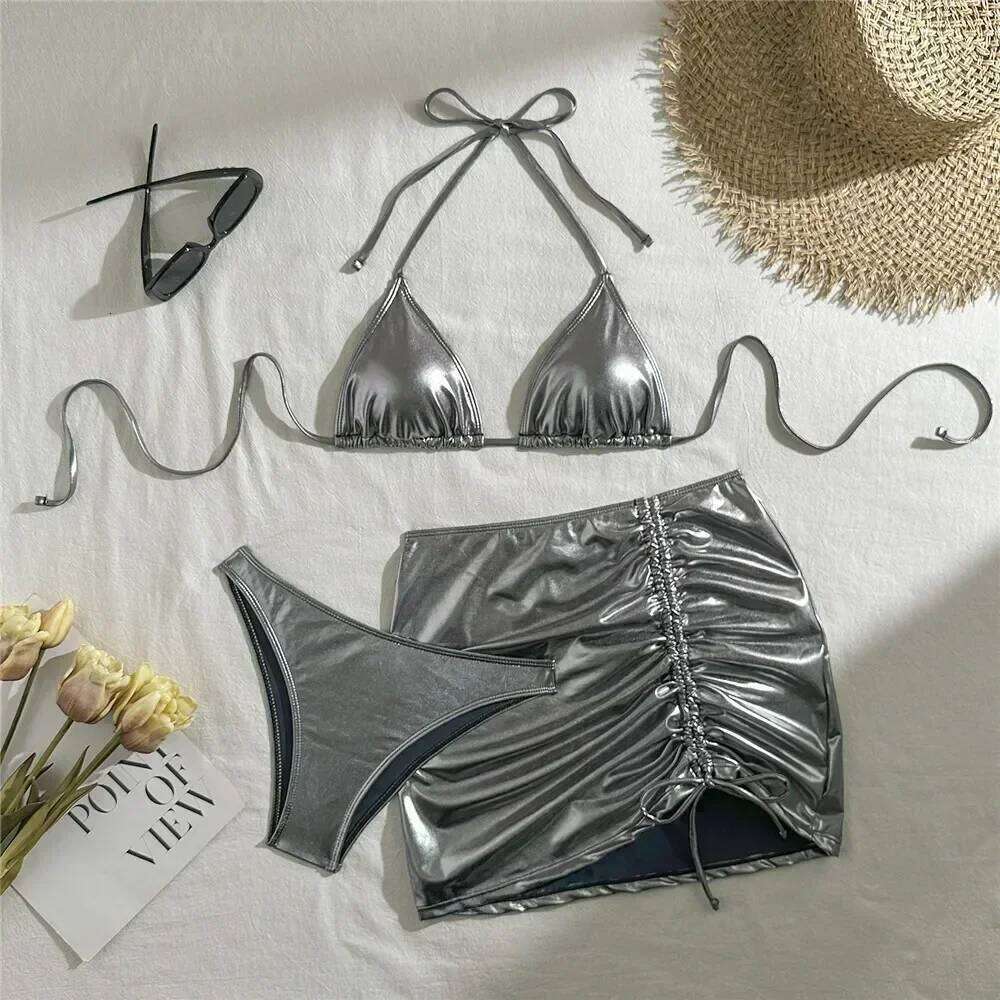 Gold Micro Thong String 3 Piece Bikini Set Damen Halter Swimwear Skirts Cover Ups Sexy Swimsuit Women 2026 Bathing Suit Bikinis Z260301