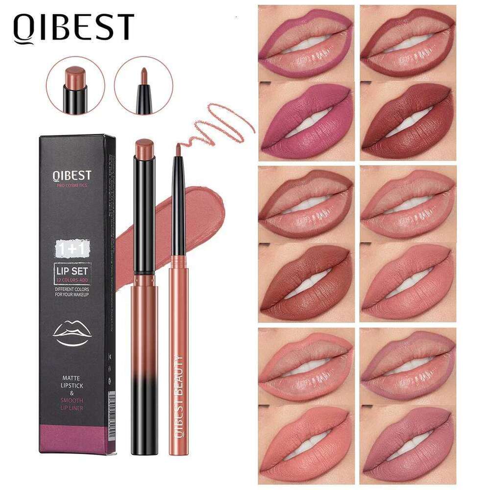 QIBEST 2pcs Lipstick Lipliner Pen Set Matte Velvet Liner Pencil Contour Makeup Sexy Red Lip Stick Long Lasting Cosmetics H260302