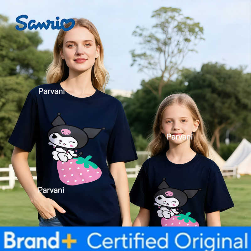 Sanrio 2026 Summer Kuromi Retro High-Quality 100 Cotton Mens T-shirt Oversized Cute Strawberry Print Top Unisex Family Matching H260302